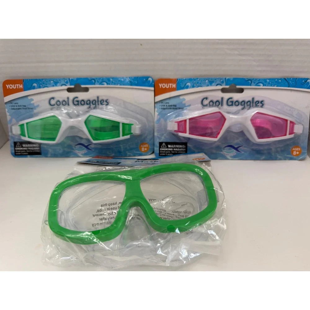 Swimgear Youth Cool Goggles and Child‎ Swim Mask Set 3 Pack Green Pink White
